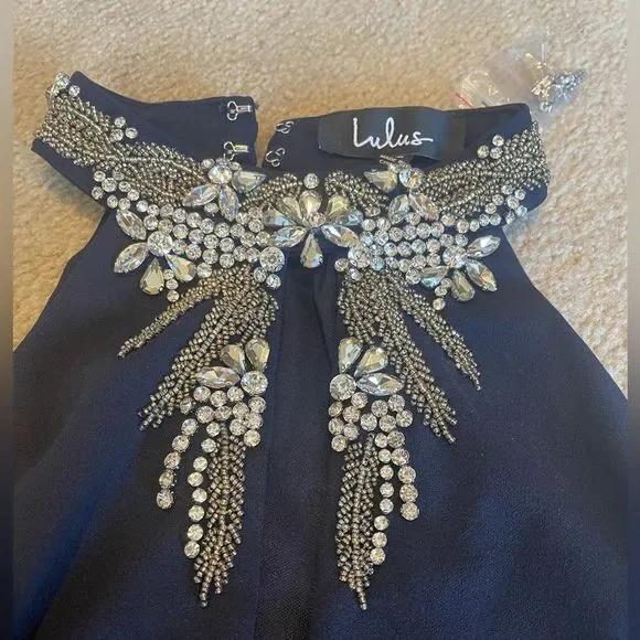 Alluring Evening Navy Blue Beaded Bodycon Dress. NWT. Size XS. - Picture 9 of 11